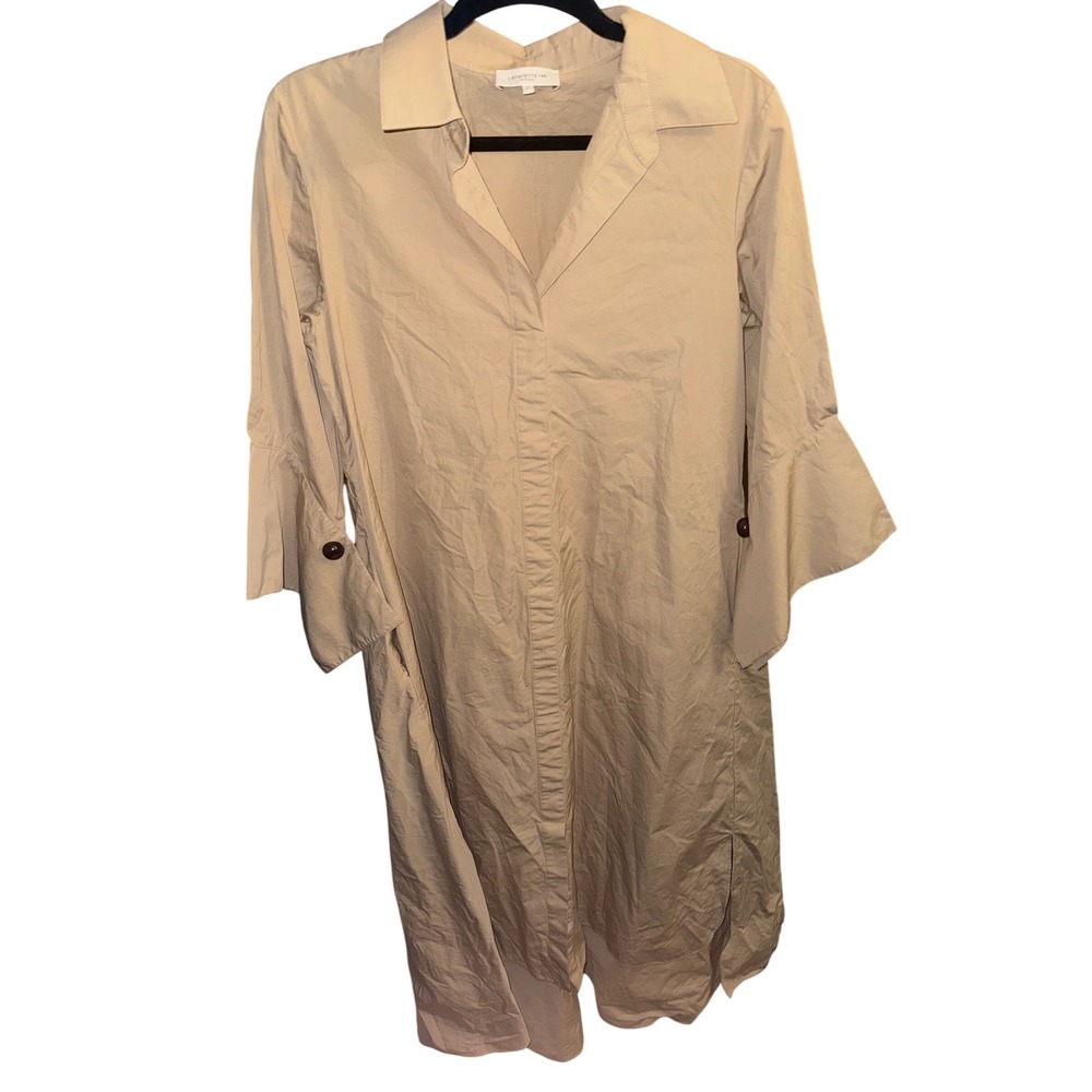 Lafayette 148 New York Tan Cotton Bell Sleeve Midi Shirt Dress Khaki Small